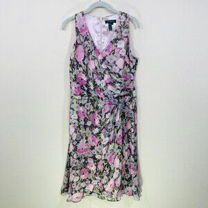 Lauren Ralph Lauren Size‎ 12 100% Silk Dress Floral Sleeveless Pink Gray Pleated